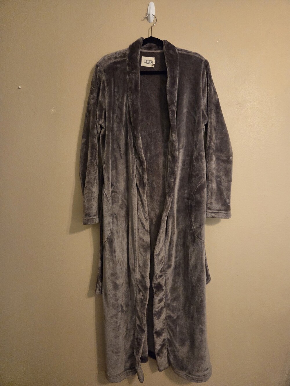 UGG Marlow Charcoal Grey Double-Fleece Knit Tie Waist Long Robe Sleepwear SZ L - Picture 2 of 10